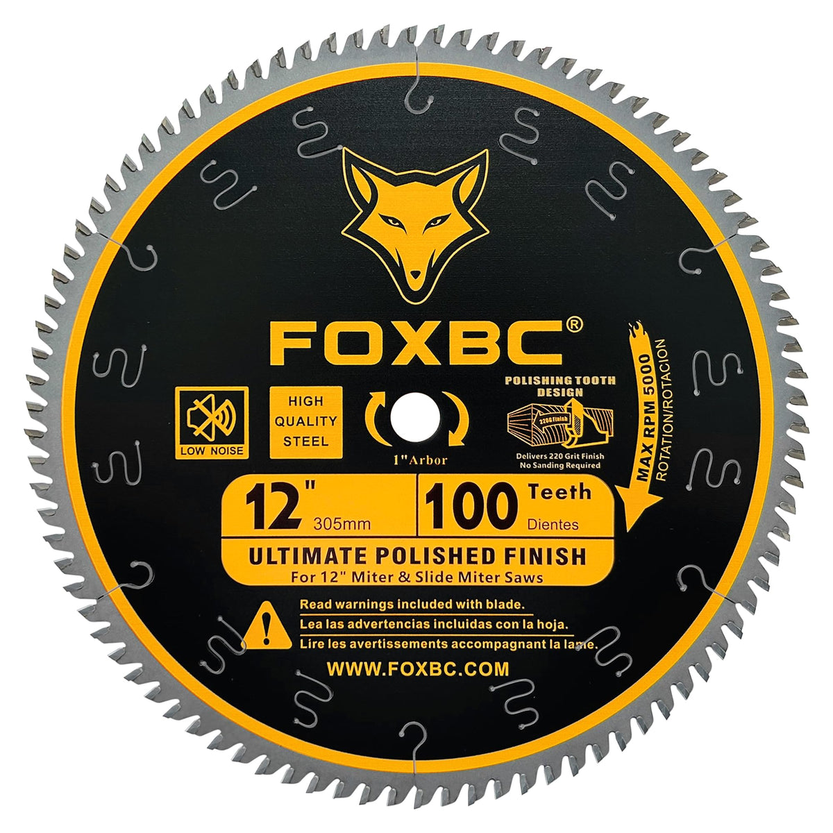 FOXBC 12-inch 100T blade delivers a polished finish for smooth wood cuts.