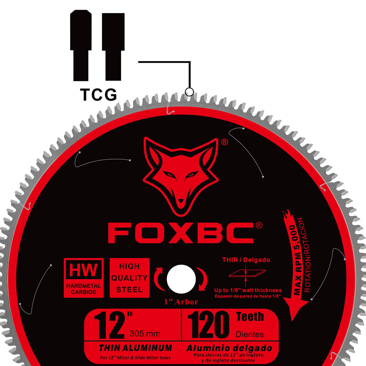 FOXBC 12 inch aluminum blade with 1 inch arbor for versatile saw compatibility.