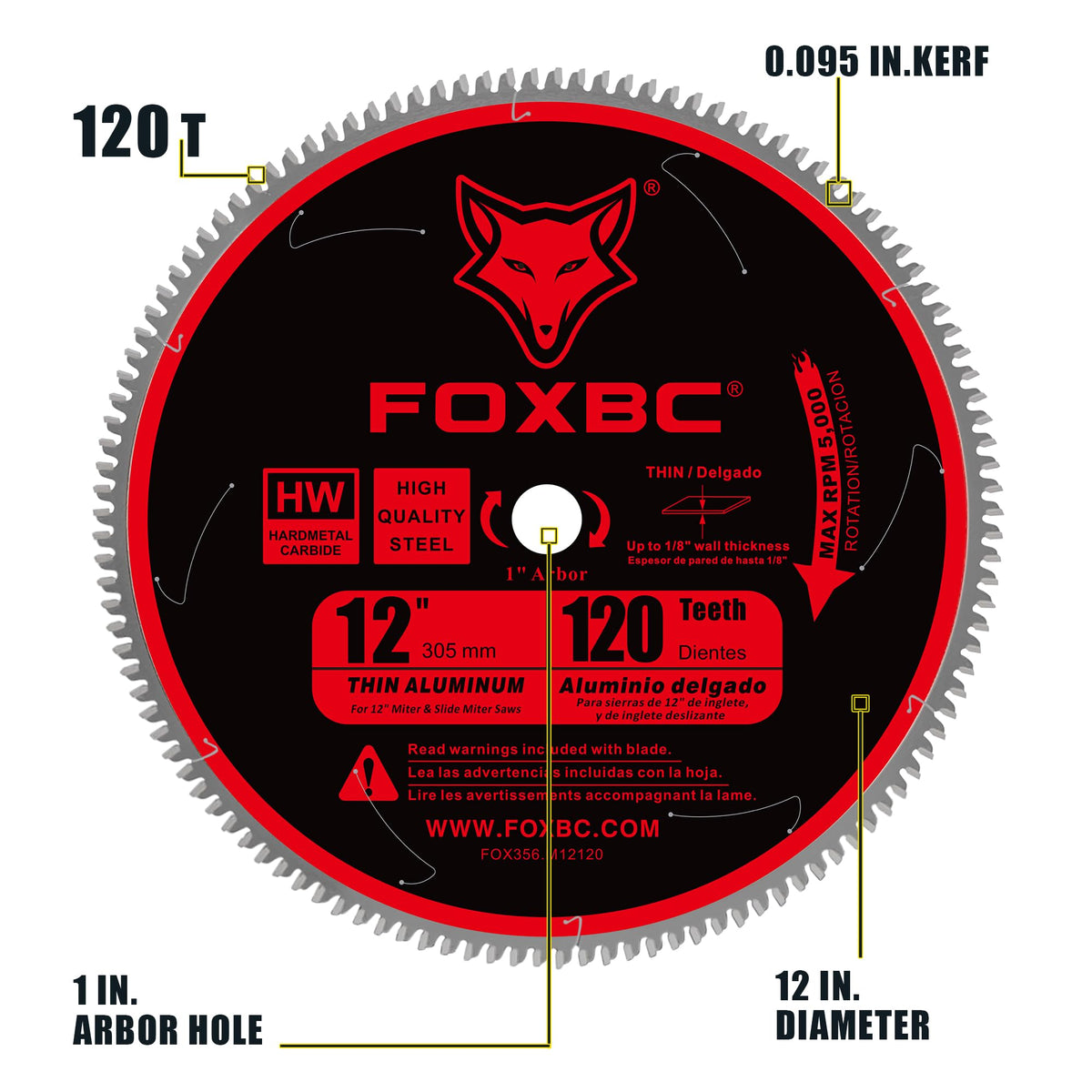 FOXBC 12 inch aluminum blade showing kerf 0.095 inch for efficient material removal.