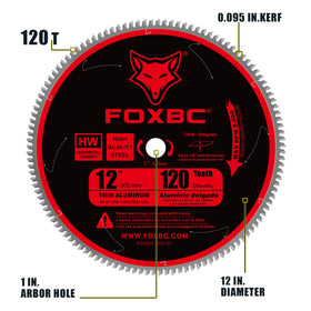 FOXBC 12 inch aluminum blade showing kerf 0.095 inch for efficient material removal.