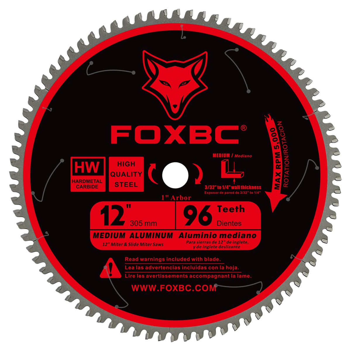 FOXBC 12in blade with 96-tooth TCG for aluminum cutting.
