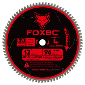 FOXBC 12in blade with 96-tooth TCG for aluminum cutting.