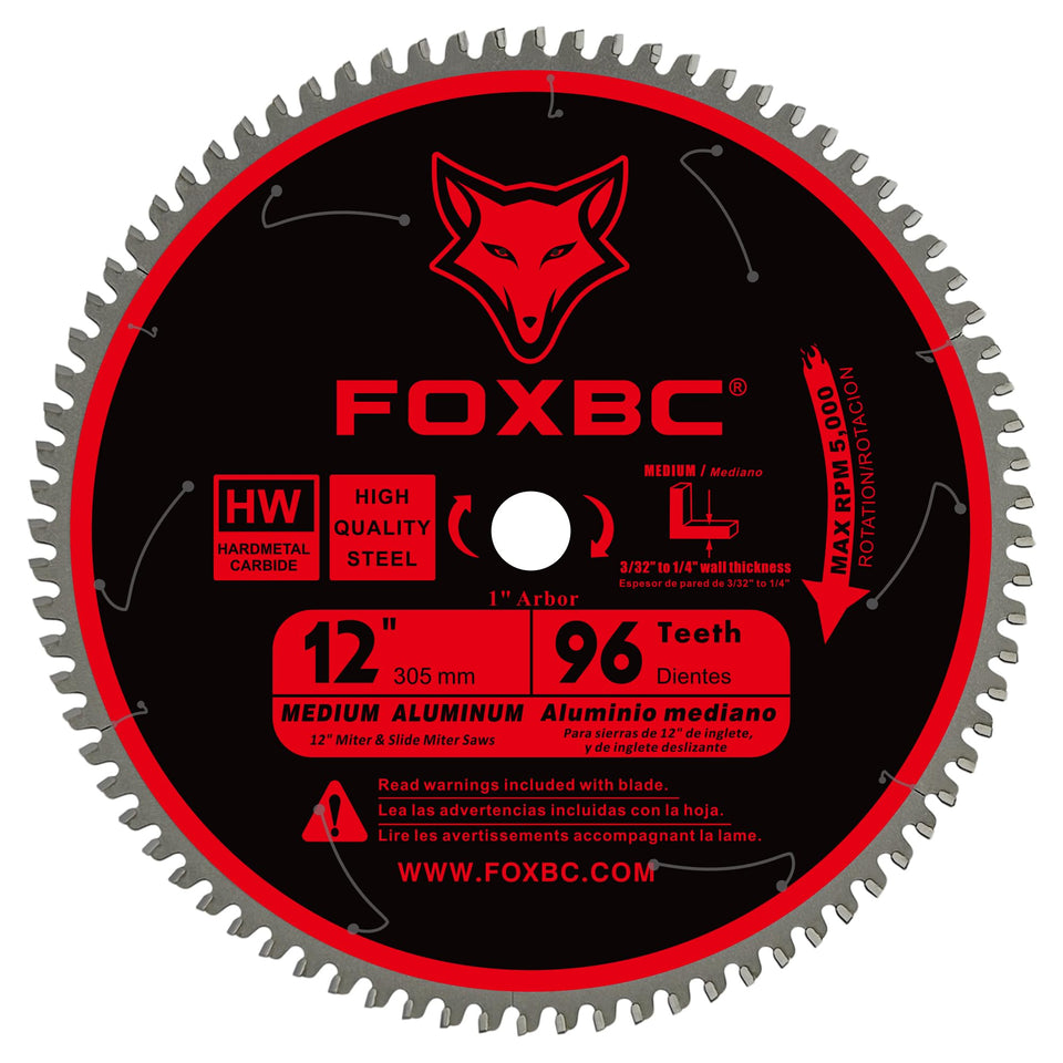 FOXBC 12in blade with 96-tooth TCG for aluminum cutting.
