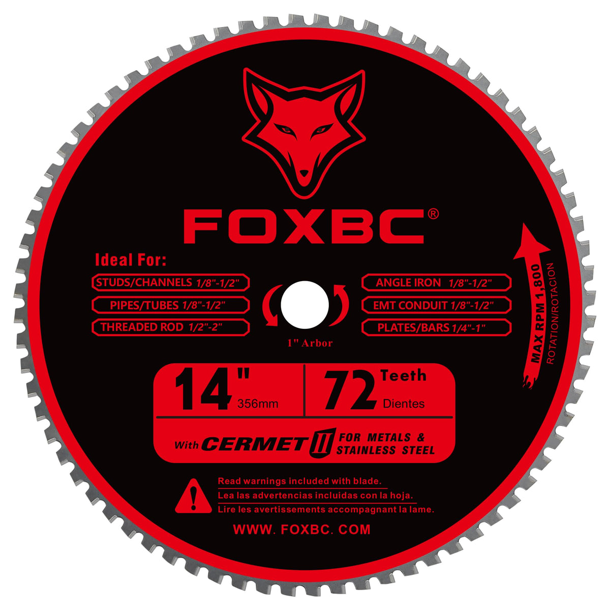 FOXBC 14-inch blade with 72 teeth for clean metal cuts and burr-free finish