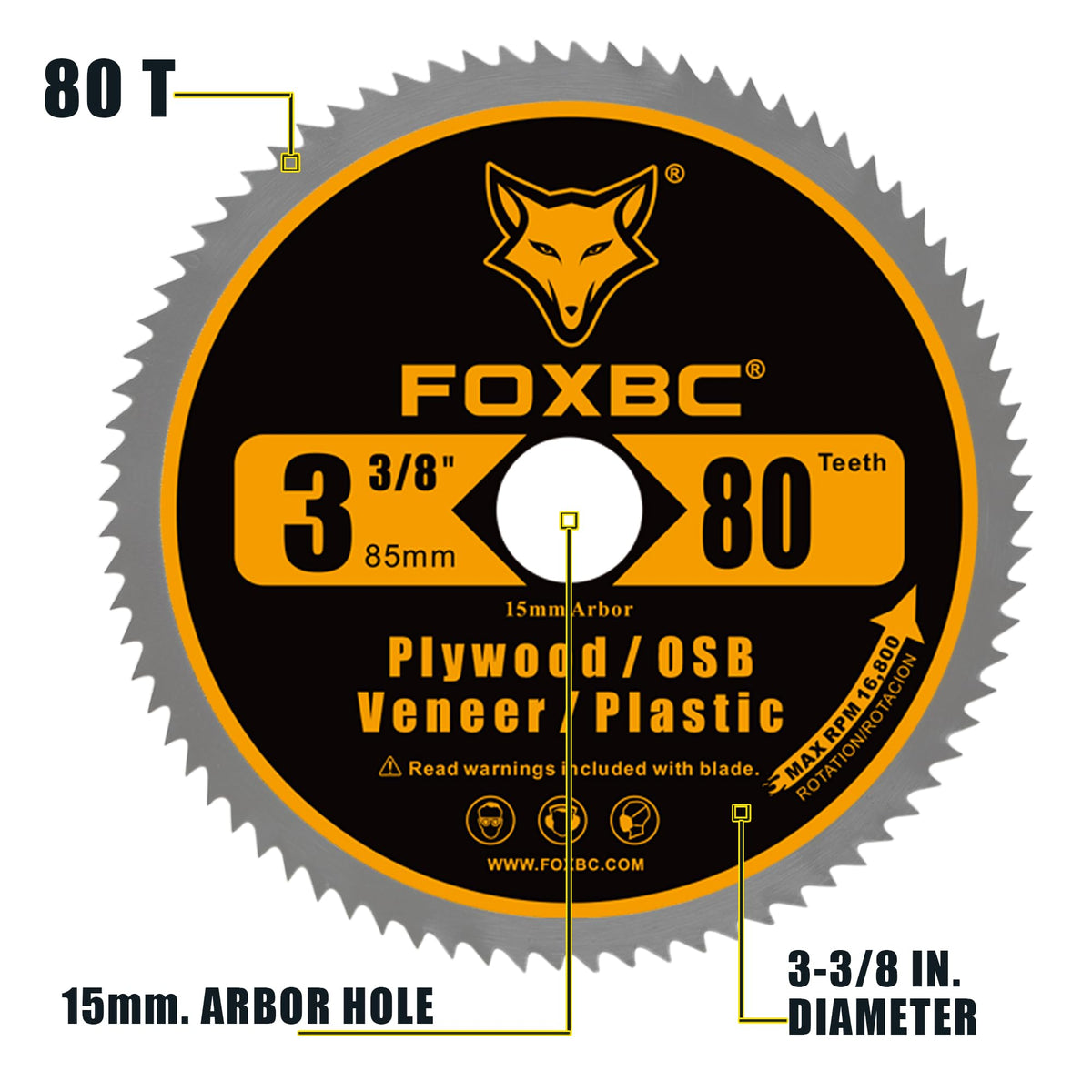 FOXBC 15mm arbor compatibility guide highlights broad saw compatibility.