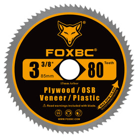 FOXBC 3-3/8-inch 30T carbide blade close-up for clean edges on plastics and metal.