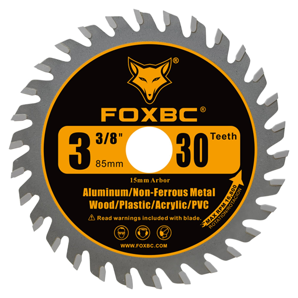 FOXBC 3-3/8-inch 80T carbide blade close-up delivering fast wood cuts.