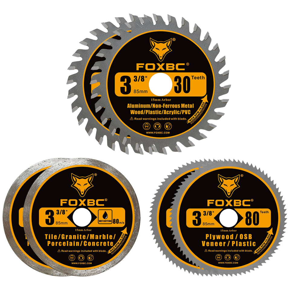 FOXBC 3-3/8-inch blade set packaging shows multi-material versatility for DIY projects.