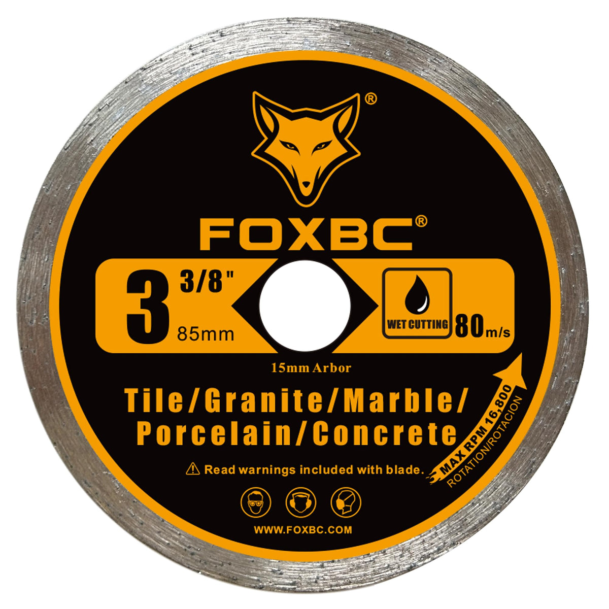FOXBC 3-3/8-inch diamond blade close-up for tile and concrete wet cutting.