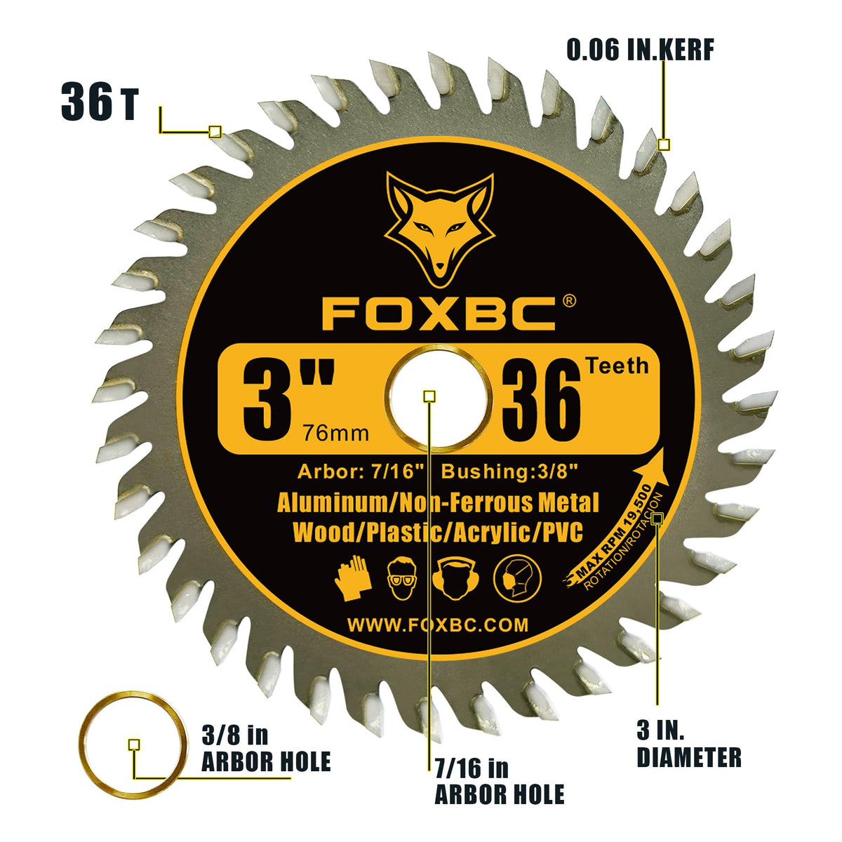 FOXBC 3-inch carbide saw blade 36-tooth close-up demonstrates smooth finish on various materials