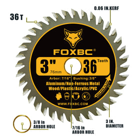 FOXBC 3-inch carbide saw blade 36-tooth close-up demonstrates smooth finish on various materials