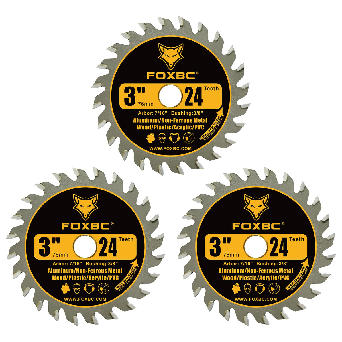 FOXBC 3in circular blade 24T pack-front showing three blades