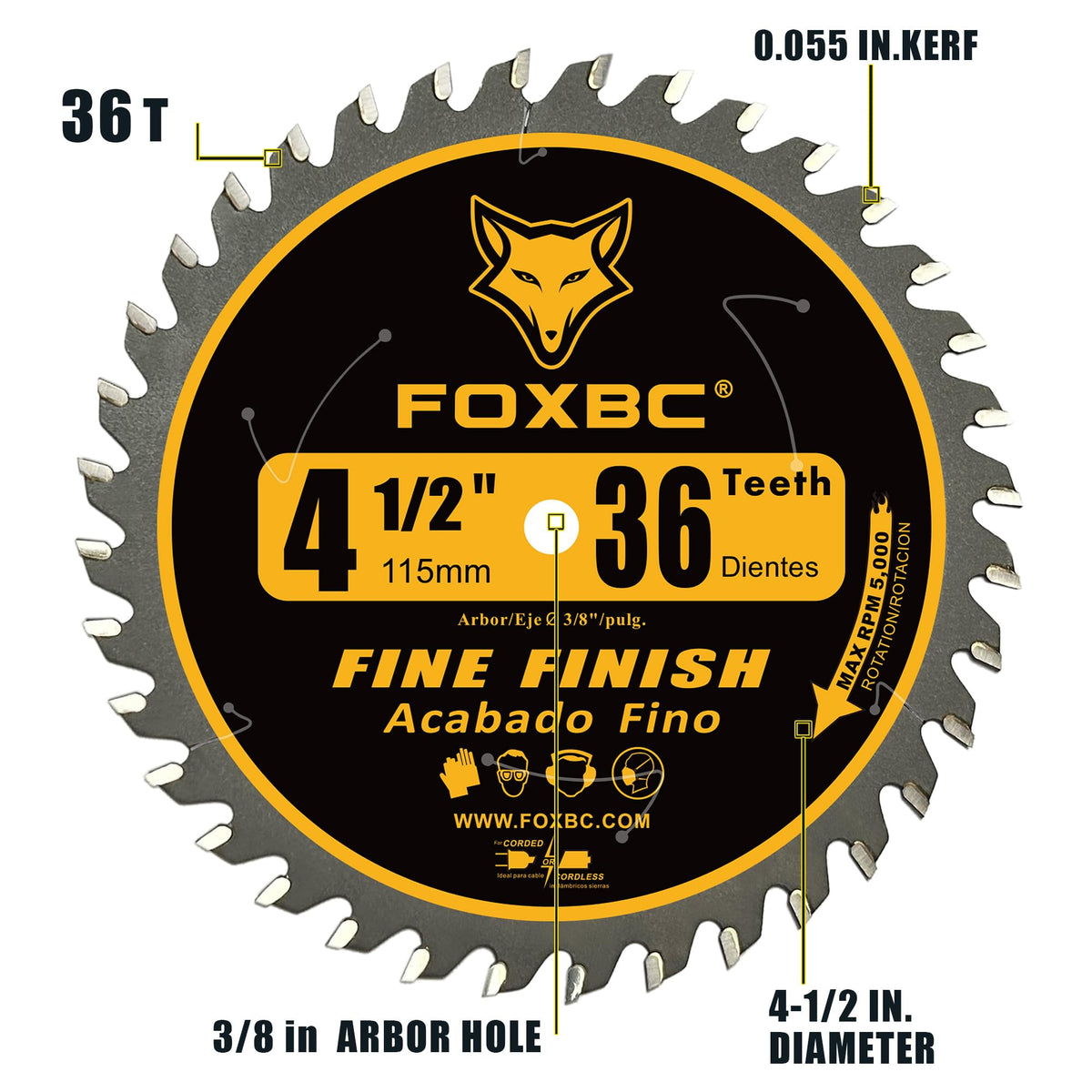 FOXBC 36-tooth trim blade close-up highlighting durable carbide teeth.