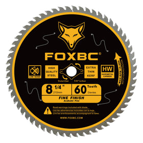 FOXBC 8-1/4 inch blade with 60 teeth for precise, clean finishing cuts in wood.