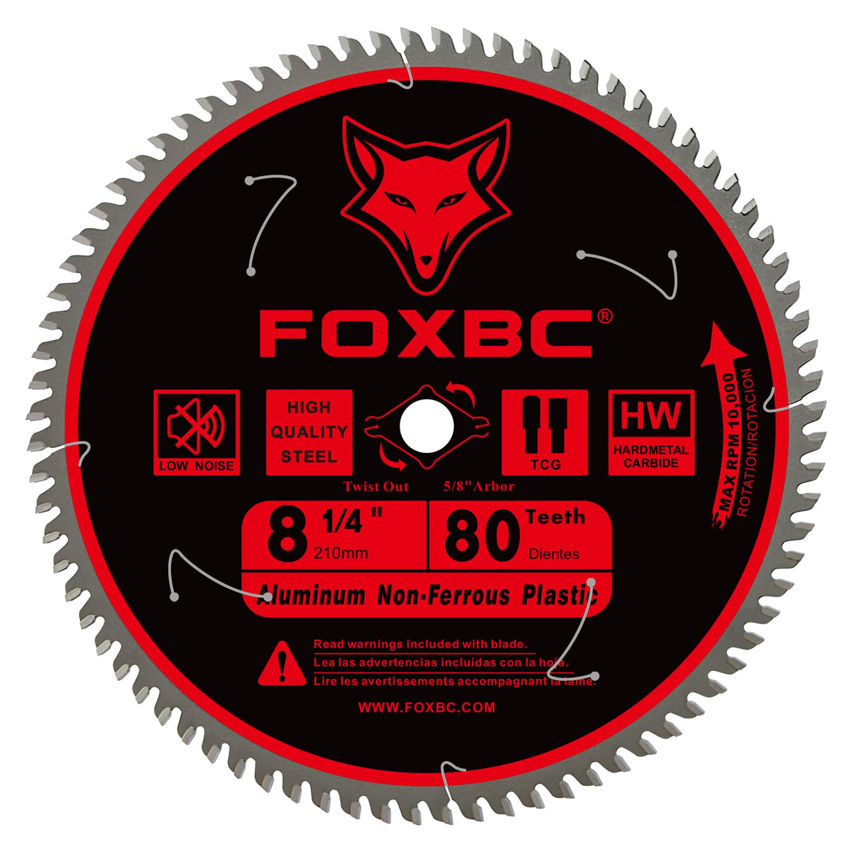FOXBC 8-1/4 inch blade close-up shows tungsten carbide durability for clean metal cuts
