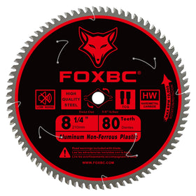 FOXBC 8-1/4 inch blade close-up shows tungsten carbide durability for clean metal cuts