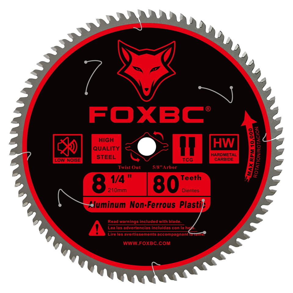 FOXBC 8-1/4 inch blade close-up shows tungsten carbide durability for clean metal cuts