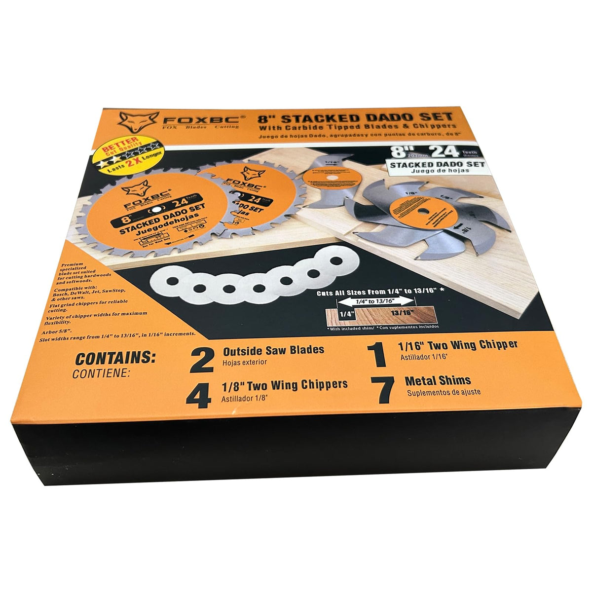 FOXBC complete dado set shown for Dado, Groove, Rabbet cuts.