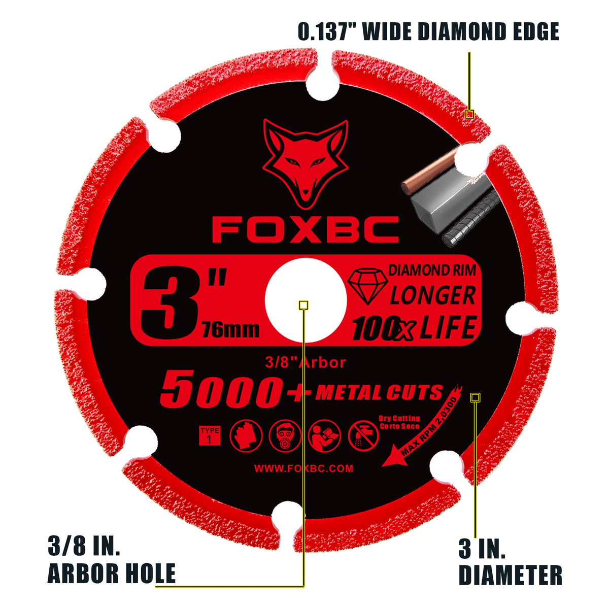 FOXBC 3in wheel for stainless steel delivers clean cuts with reduced dust during dry operation.