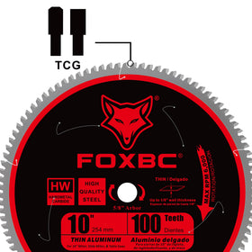 FOXBC 100-tooth TCG geometry supports long life and fast non-ferrous cuts.