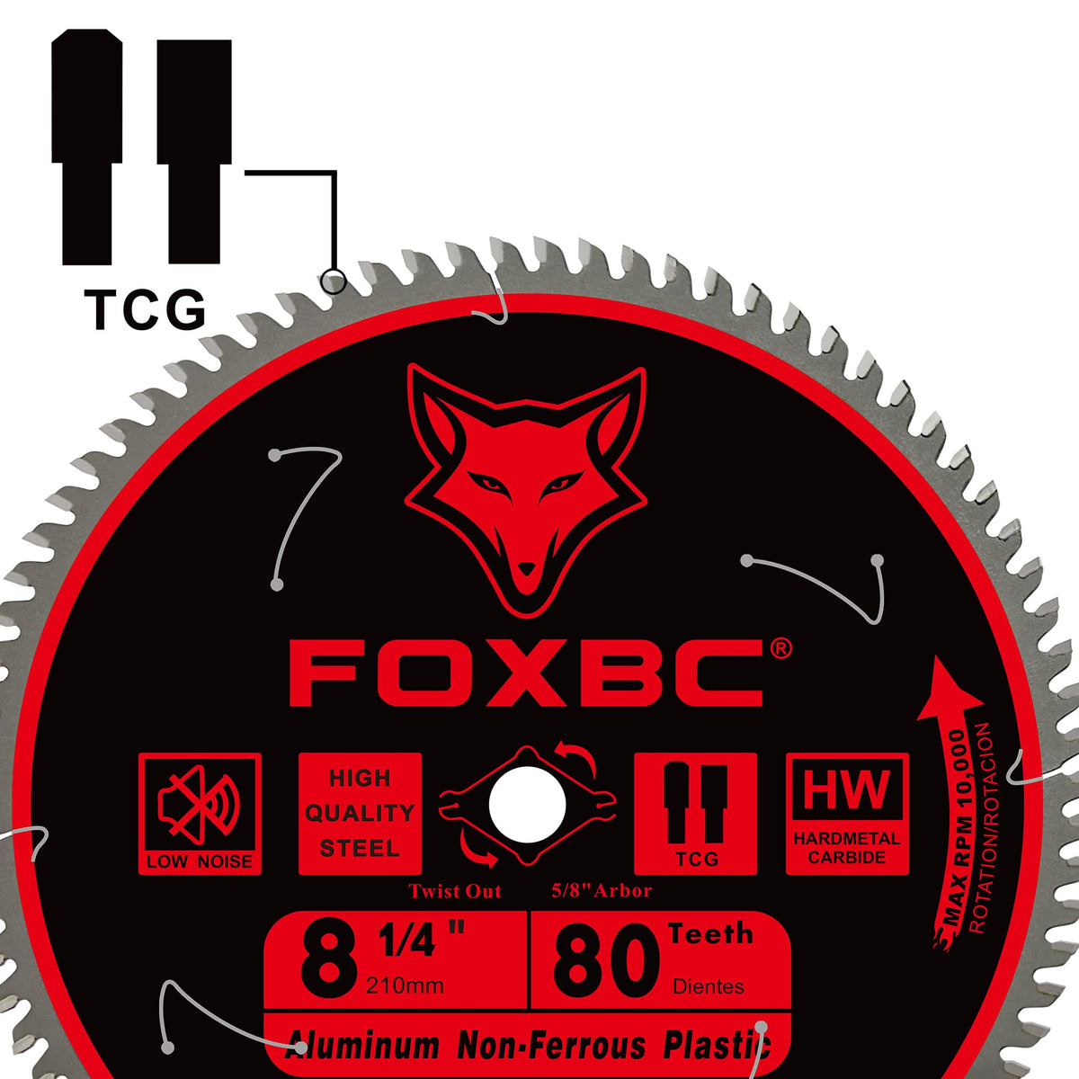 FOXBC 80-tooth TCG blade close-up highlights burr-free, fast aluminum and non-ferrous cuts