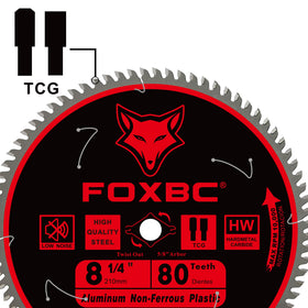 FOXBC 80-tooth TCG blade close-up highlights burr-free, fast aluminum and non-ferrous cuts