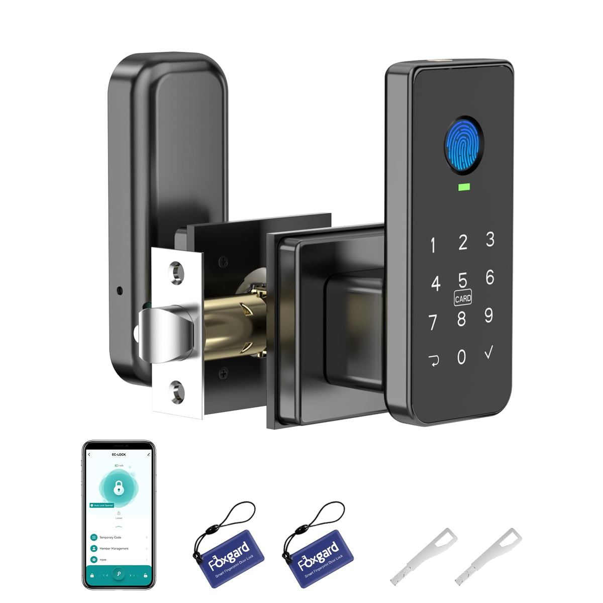 Foxgard fingerprint door lock front view showing a durable aluminum body for bedroom or office.