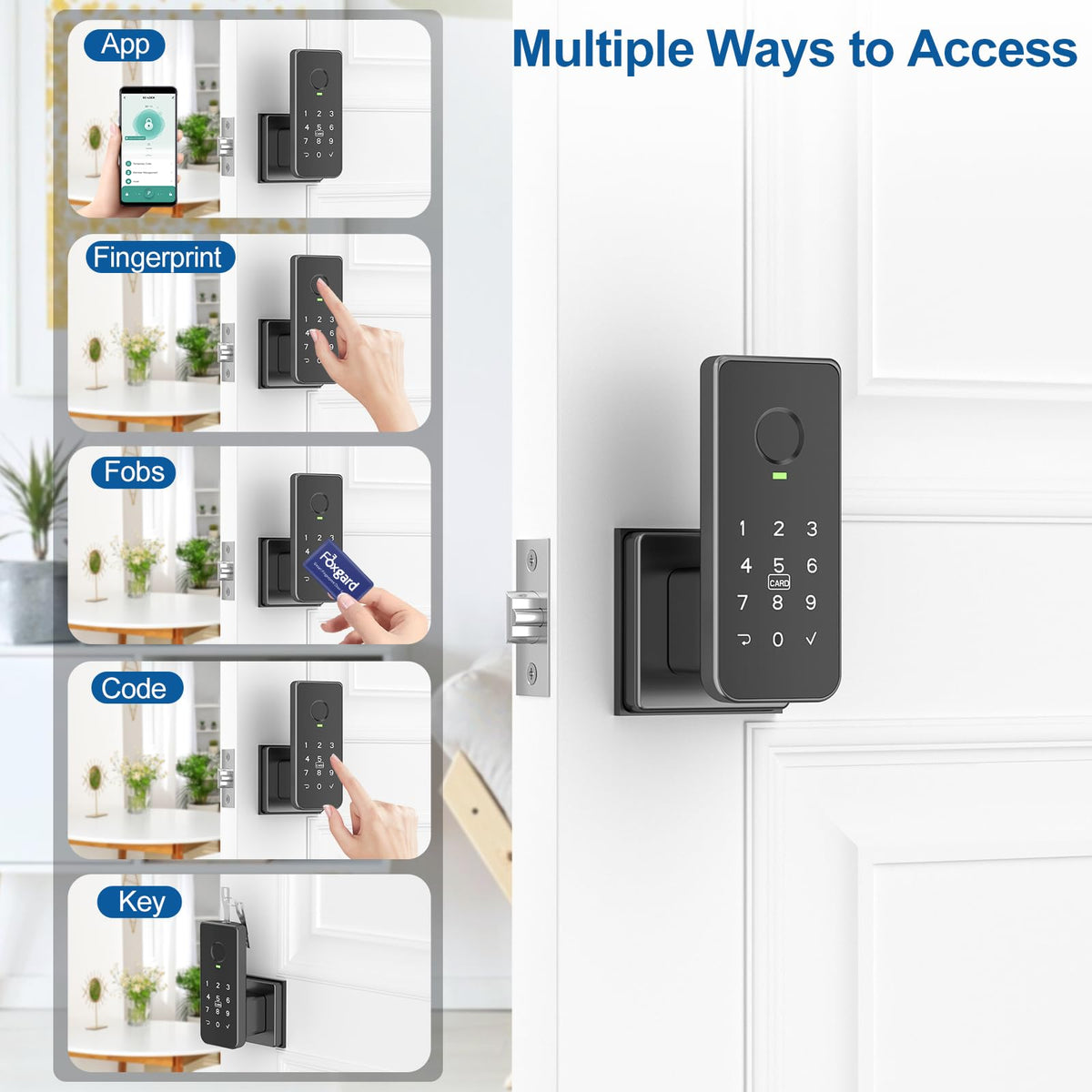 Foxgard fingerprint door lock keypad close-up emphasizing backlit keypad and secure entry.