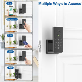Foxgard fingerprint door lock keypad close-up emphasizing backlit keypad and secure entry.