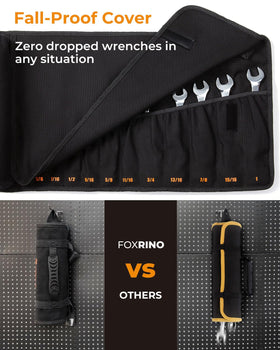 Foxrino wrench roll highlighting buckle detail and heavy-duty stitching.