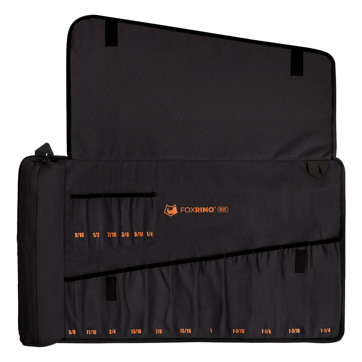 Foxrino Wrench Roll with 17-pocket layout keeps SAE wrenches organized.