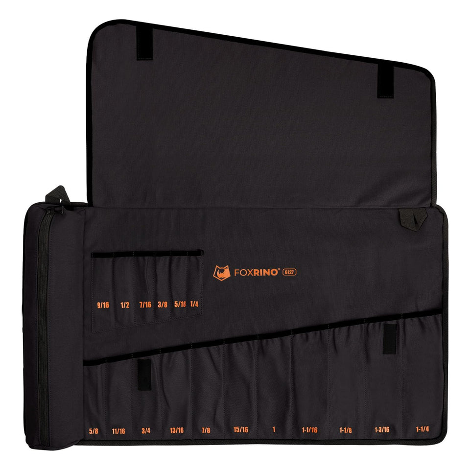 Foxrino Wrench Roll with 17-pocket layout keeps SAE wrenches organized.