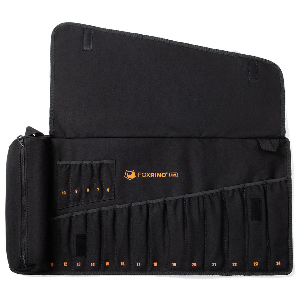 Foxrino Wrench Roll shows 19-pocket layout for organized metric wrenches.