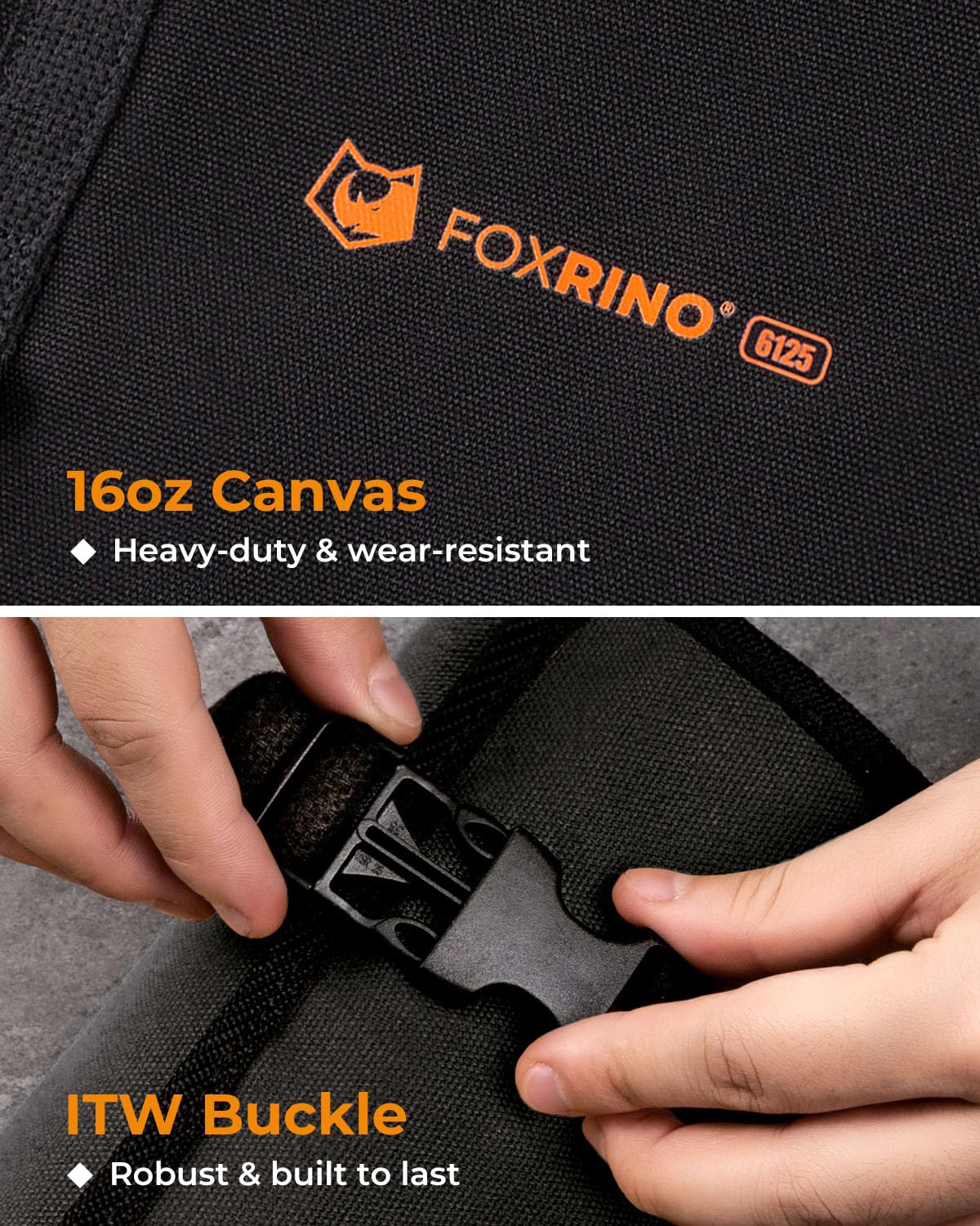 Foxrino Wrench Roll carry handle and hanging loops for quick setup.