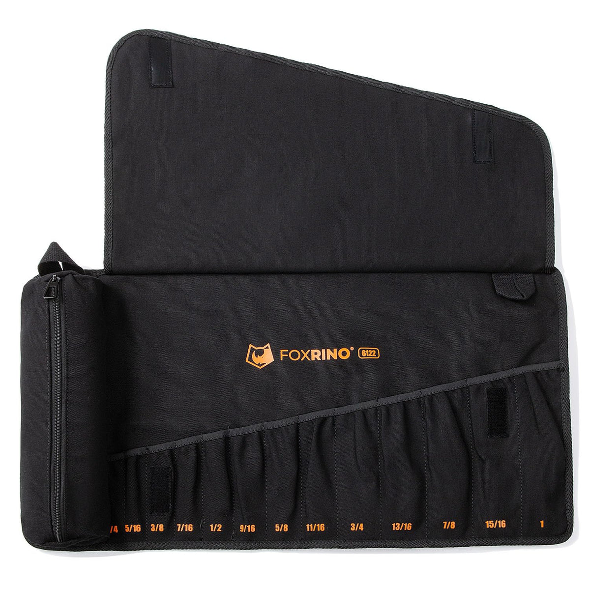 Foxrino wrench roll closed with rugged 16oz canvas and secure buckle.