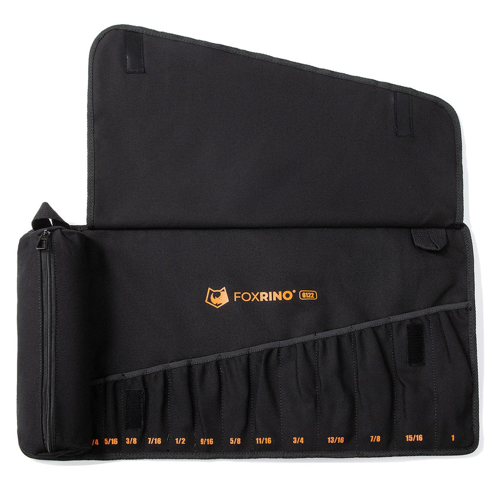 Foxrino wrench roll closed with rugged 16oz canvas and secure buckle.