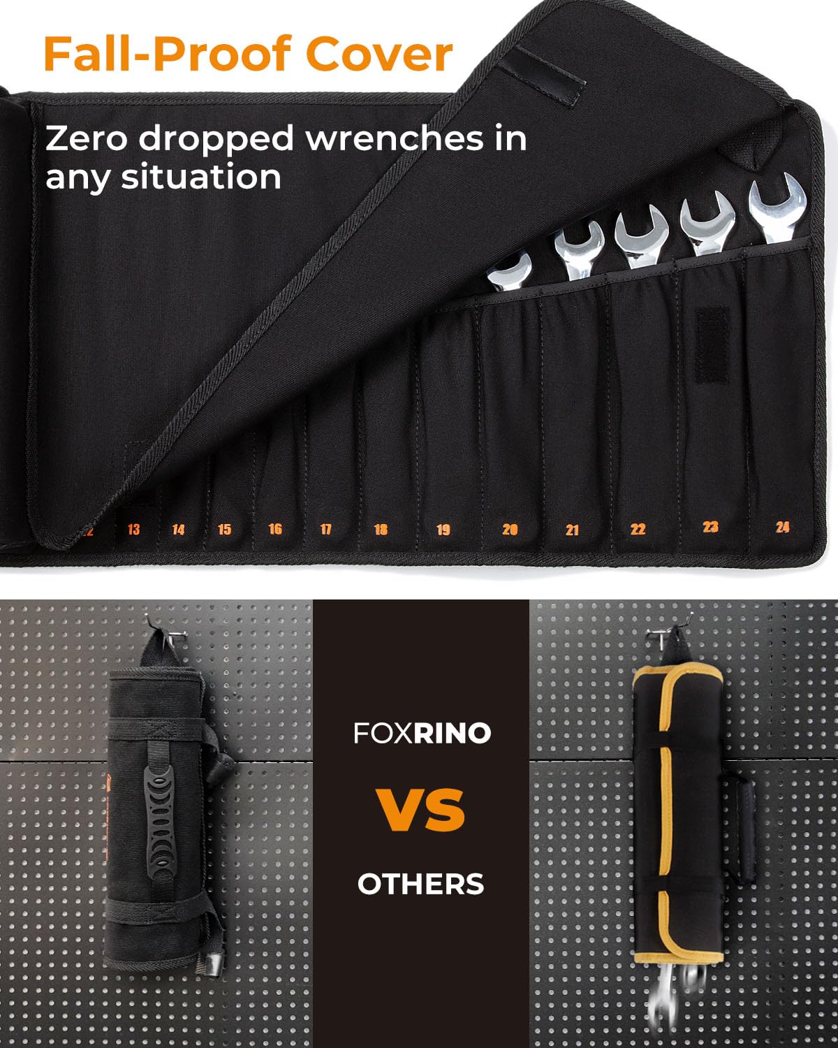 Foxrino Wrench Roll uses rugged 16oz canvas for durability.