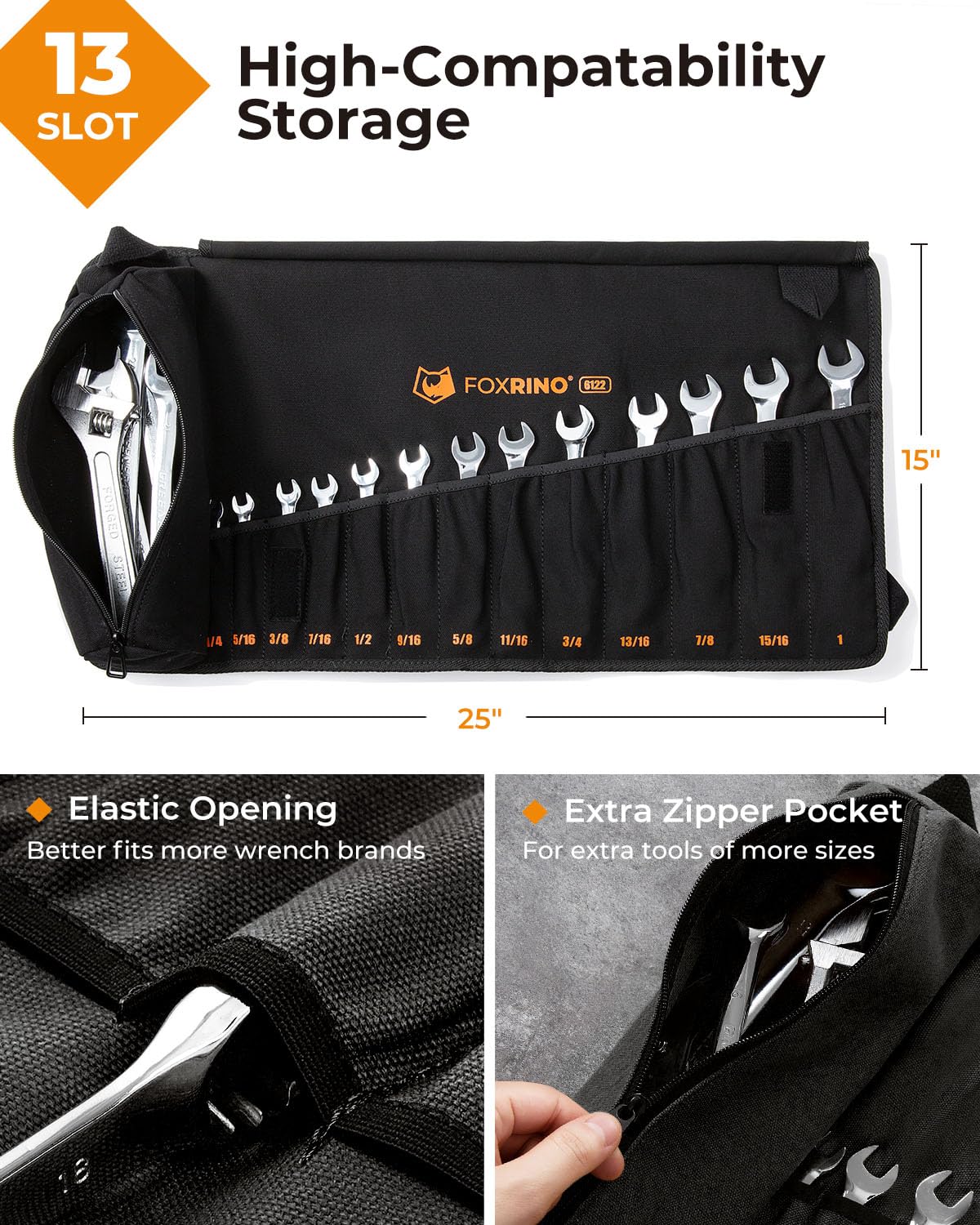Foxrino wrench roll opened flat showing 13 pockets for SAE wrenches.