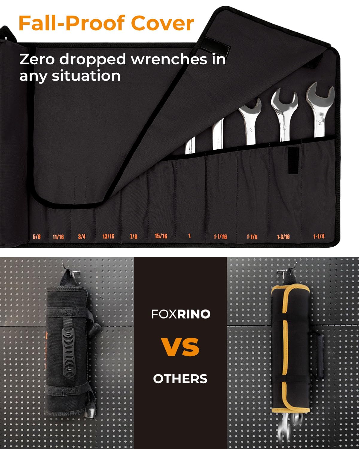 Foxrino Wrench Roll roll-up design prevents tools from spilling during transport.