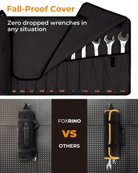 Foxrino Wrench Roll roll-up design prevents tools from spilling during transport.