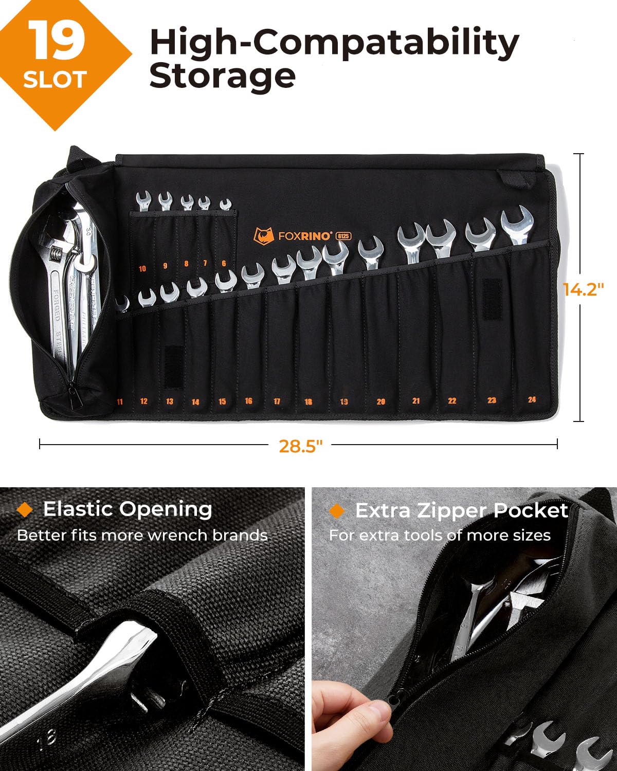 Foxrino Wrench Roll features a large zippered pocket for accessories.