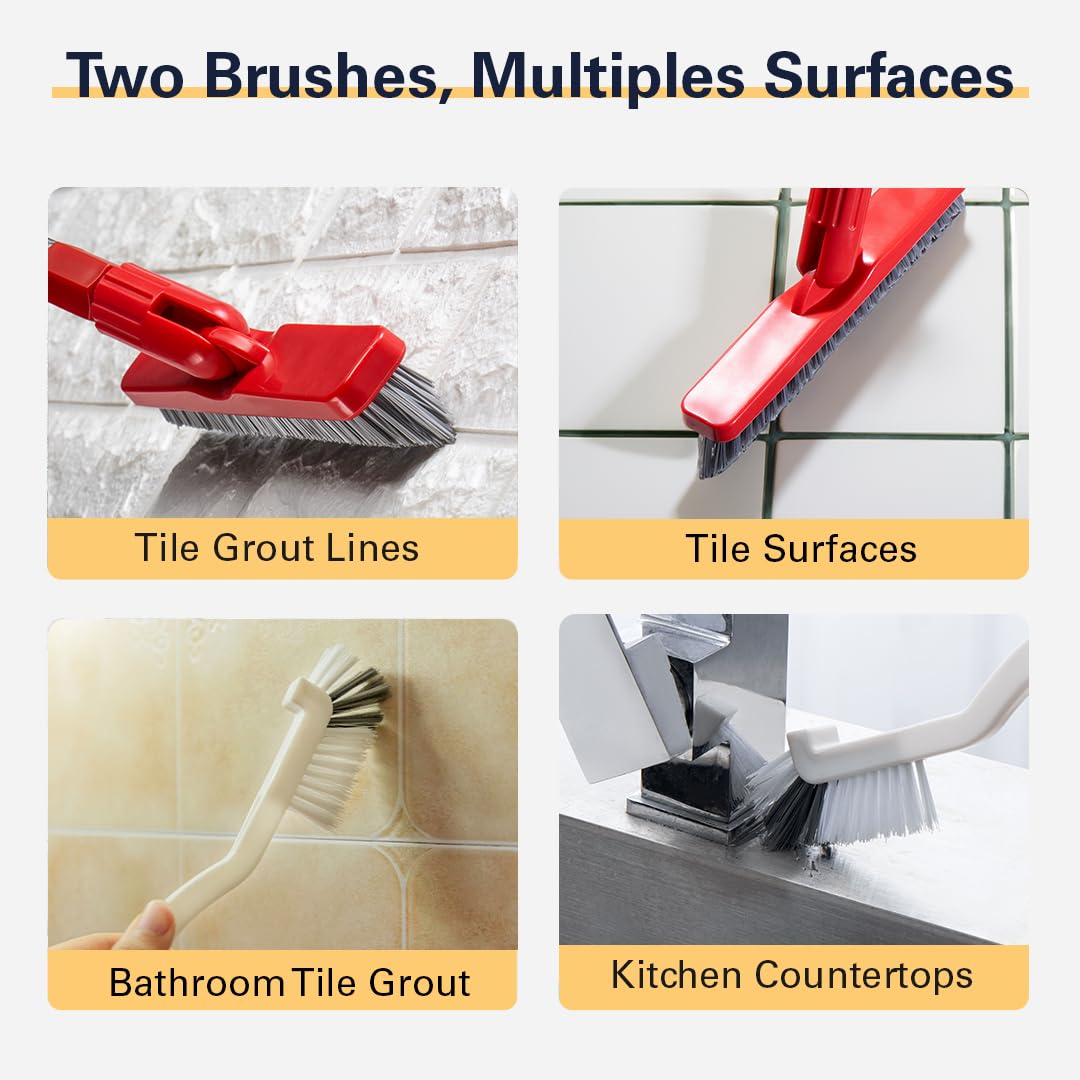 Fox Trot stiff bristle scrubber tackles grime on tiles.