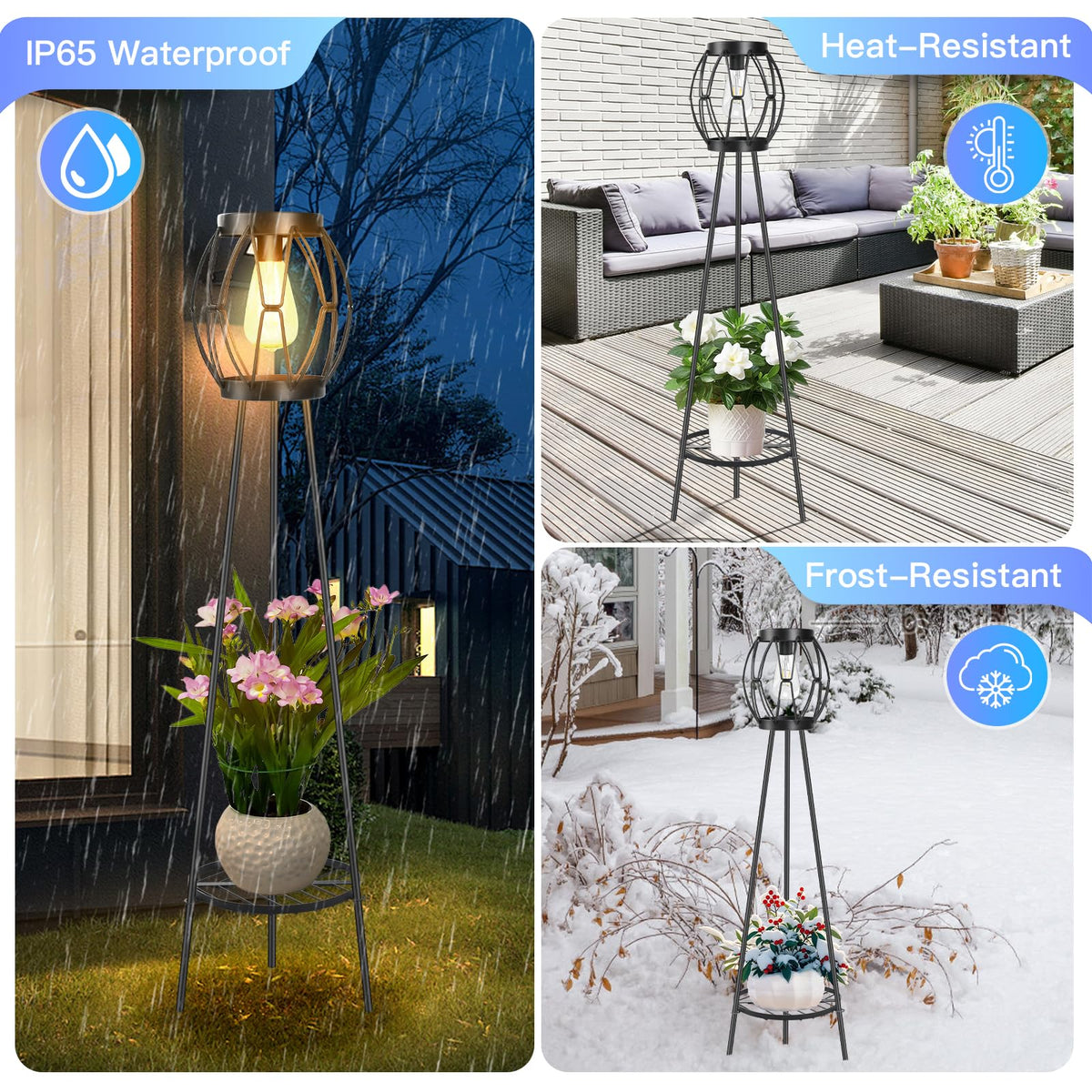 FQIIL plant stands with triangular design integrate lighting and greenery.