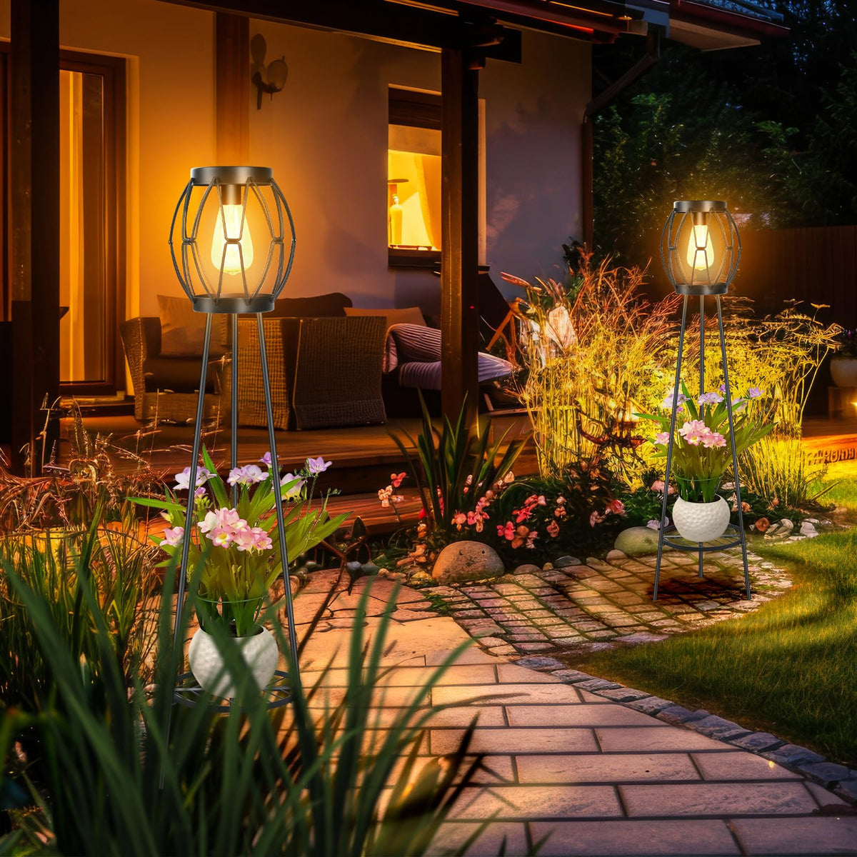 FQIIL solar floor lamp shows automatic on/off for easy evenings.