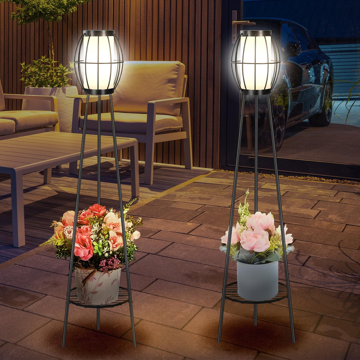 FQIIL solar floor lamp with plant stand brightens patios with greenery.