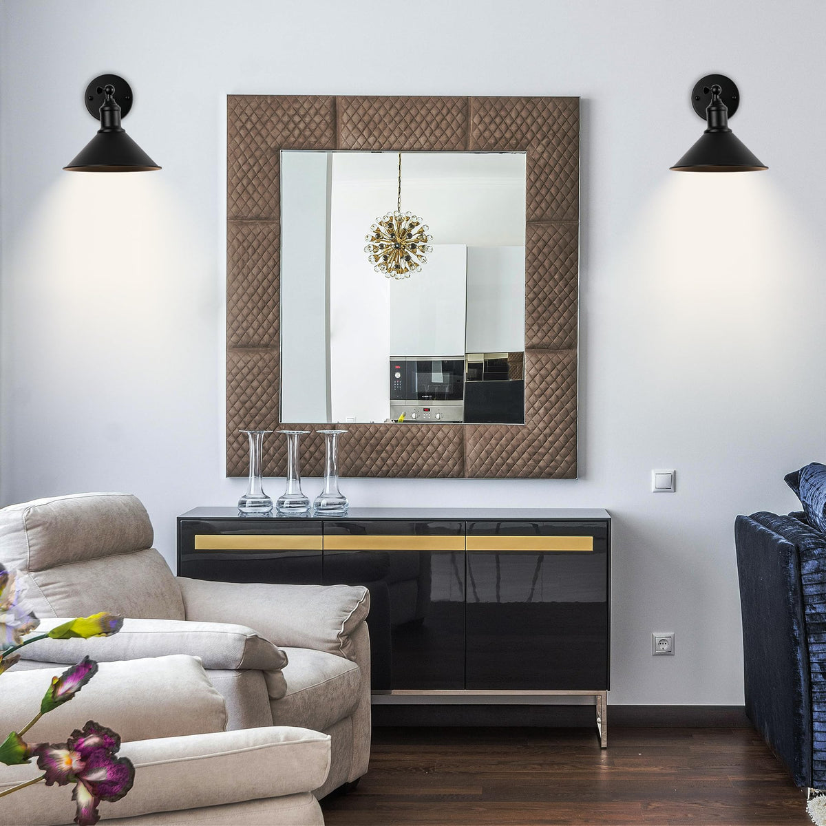Franing vintage black sconce with dimmed light highlighting versatility for mood lighting
