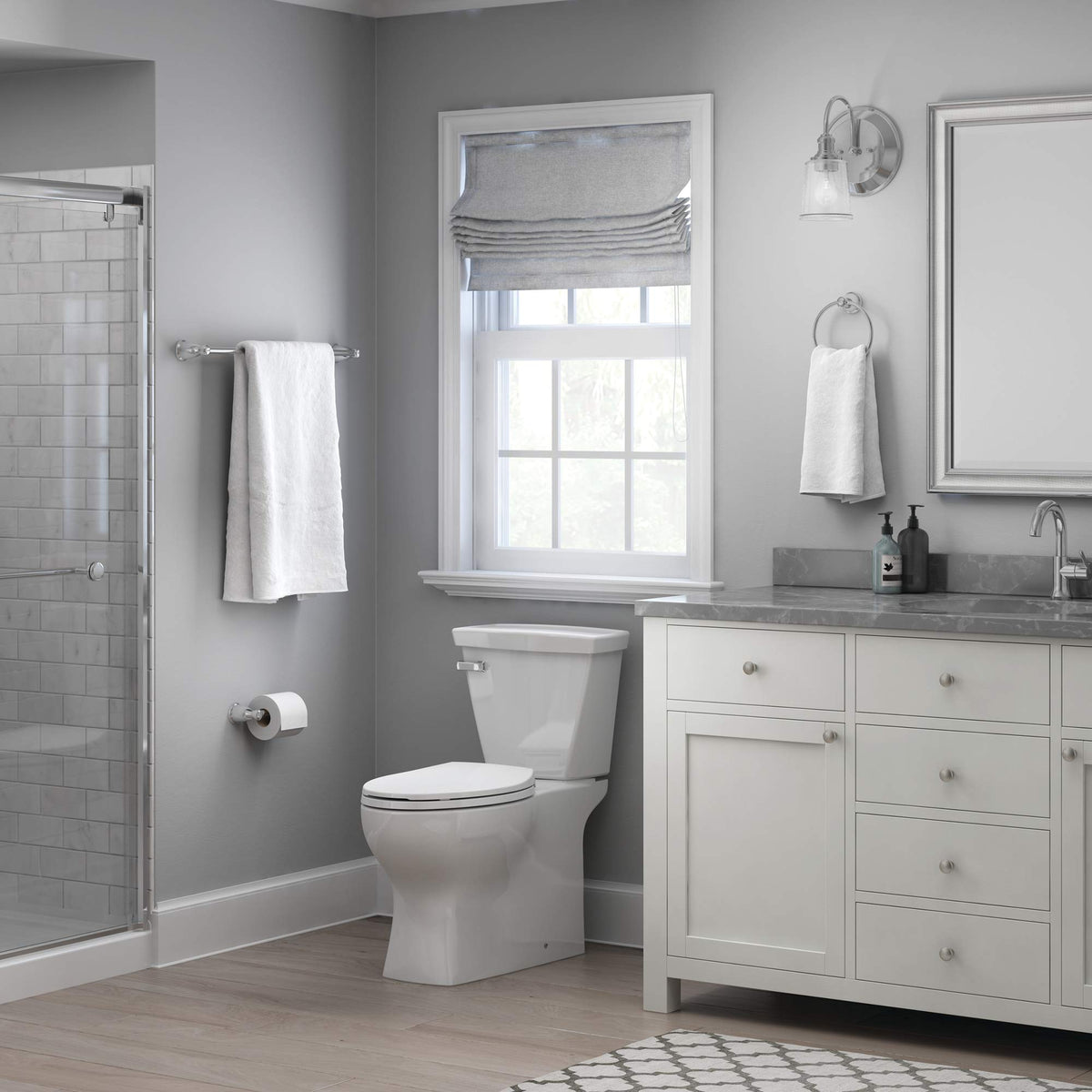 Franklin Brass Kinla three-piece set in a modern bathroom setup