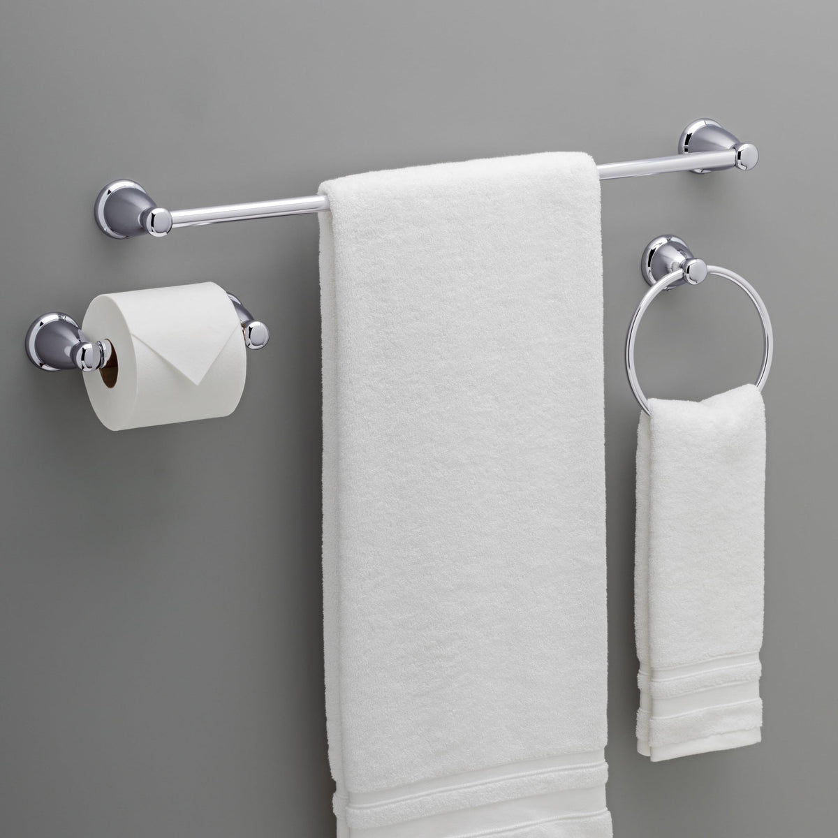 Franklin Brass Kinla towel ring with quick-dry towels and chrome cohesion