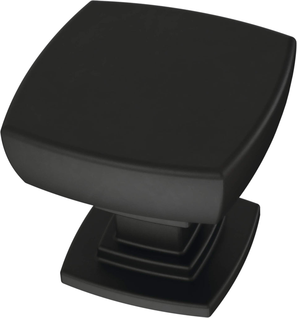 Franklin Brass Parow square knob close-up, matte black finish highlights durable metal design.