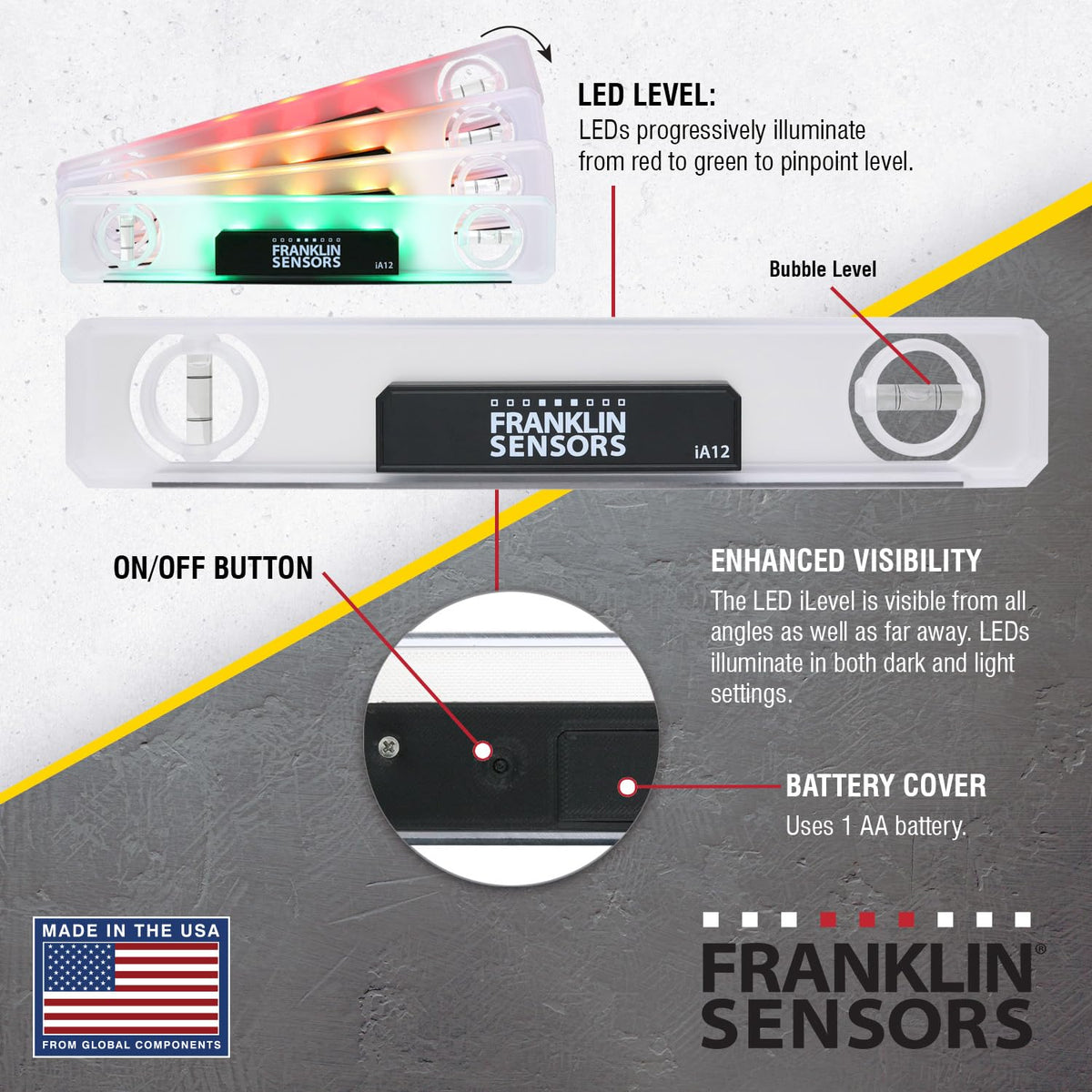 USA-made Franklin Sensors level for reliable performance.
